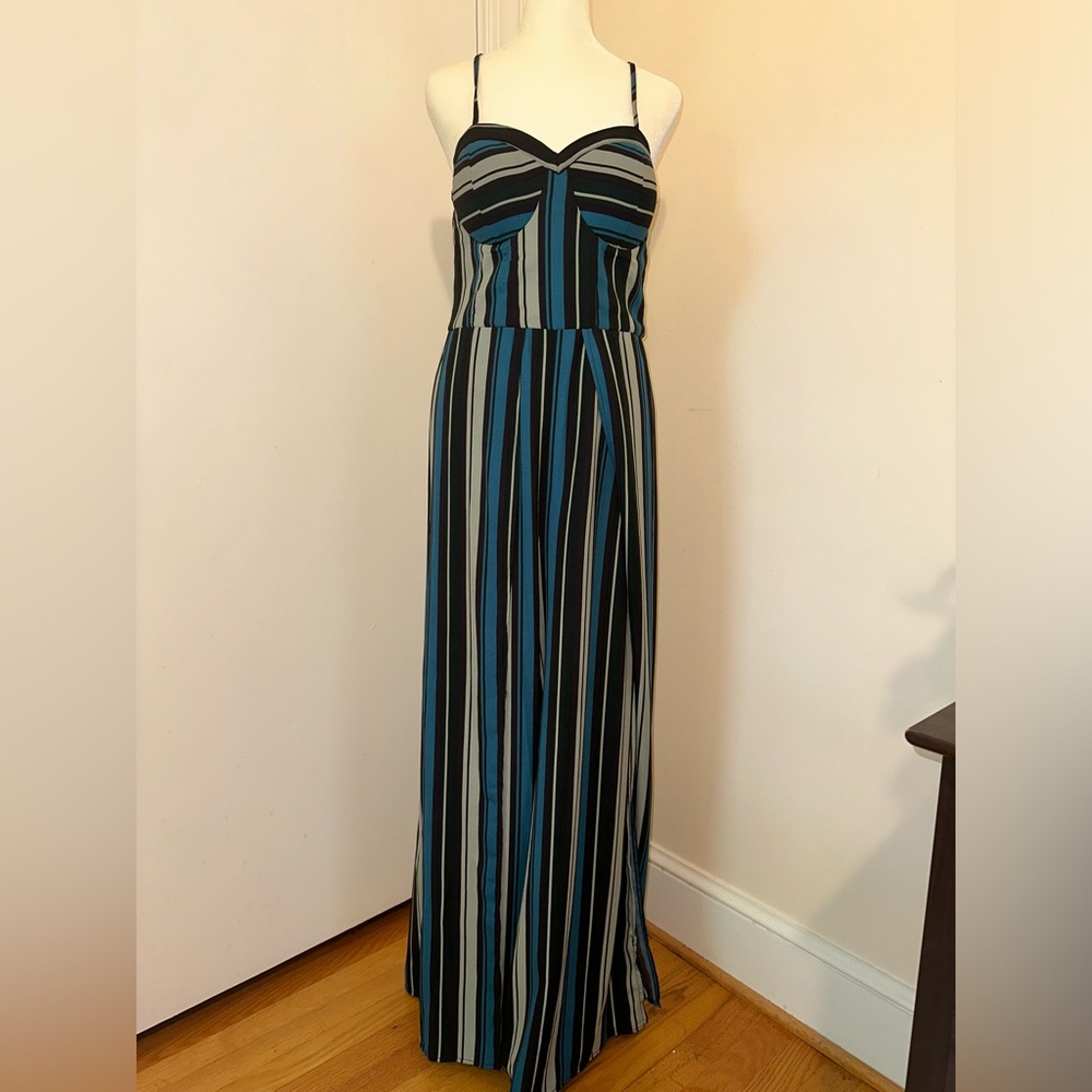 Women’s Xhilaration Jumpsuit, Teal Black Stripe, Size Medium